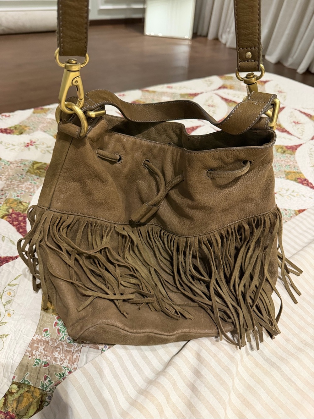 Fossil Brown Fringe Drawstring Shoulder Bag with Gold Hardware